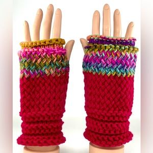 Hand Knitted Fuchsia Red & Multicolored Women’s Fingerless Mittens Gloves